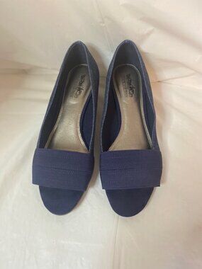 Coach and Four Blue Denim Peep-Toe Low Wedge Shoes, Women's size 7.5